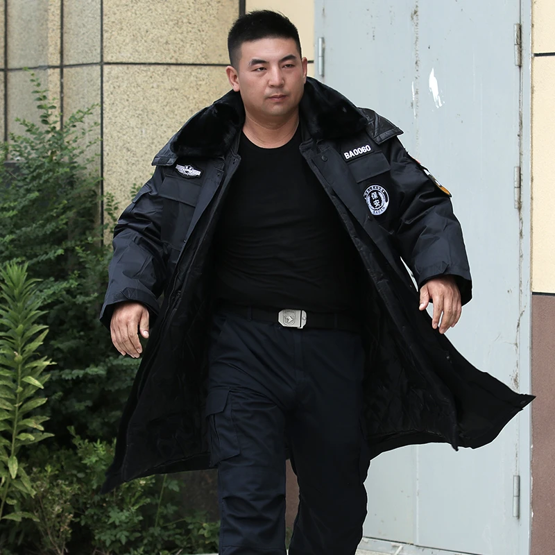 冬季安保棉大衣男黑色物业巡逻防寒服女中长款加厚棉袄冷库保暖