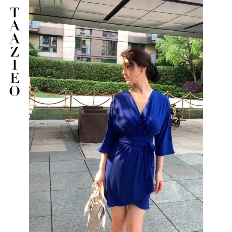 TAAZIEO法式V领蓝色雪纺半袖连衣裙女夏季性感纯欲风气质收腰漂亮