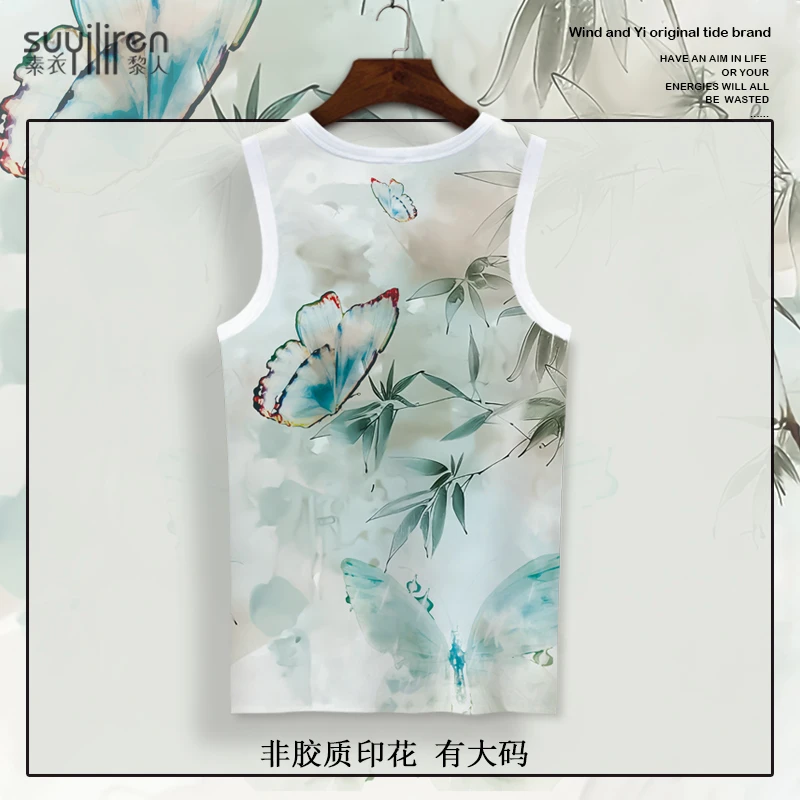 夏季无袖T恤男生薄款大码潮流百搭砍袖坎肩蝴蝶印花背心港风透气