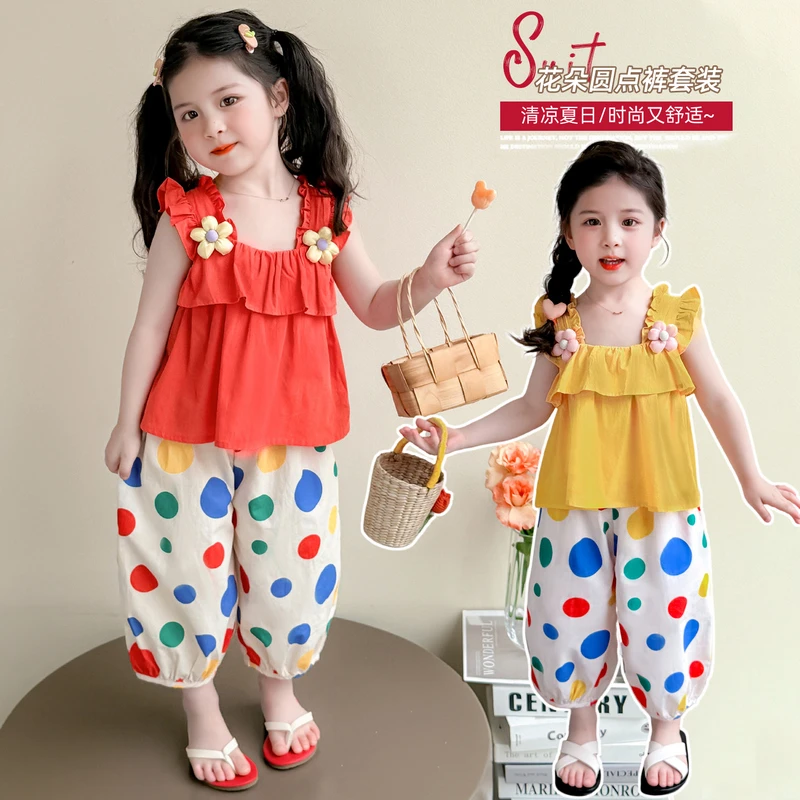 女童花边无袖套装洋气儿童夏季新款女宝宝灯笼裤两件套小女孩时髦