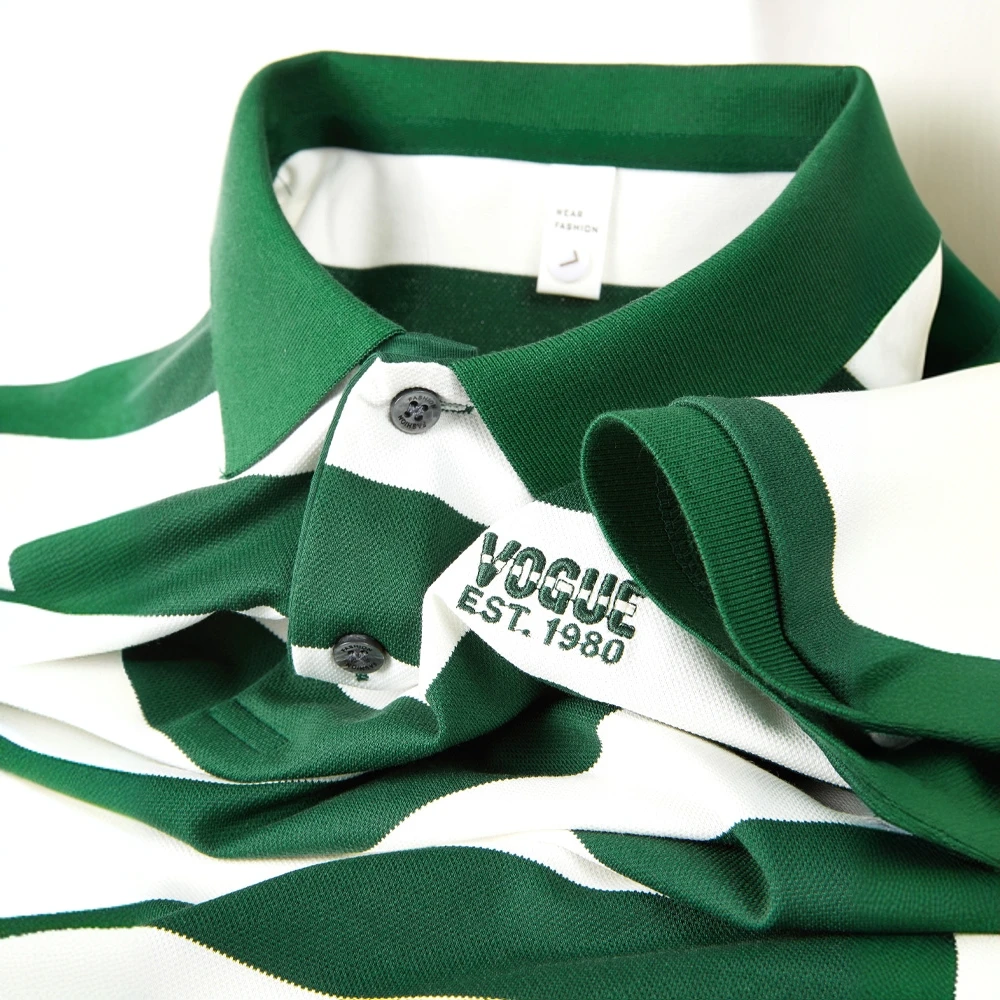 喀费基赫夏季刺绣绿白条纹polo衫男士短袖潮流时尚修身翻领t恤男