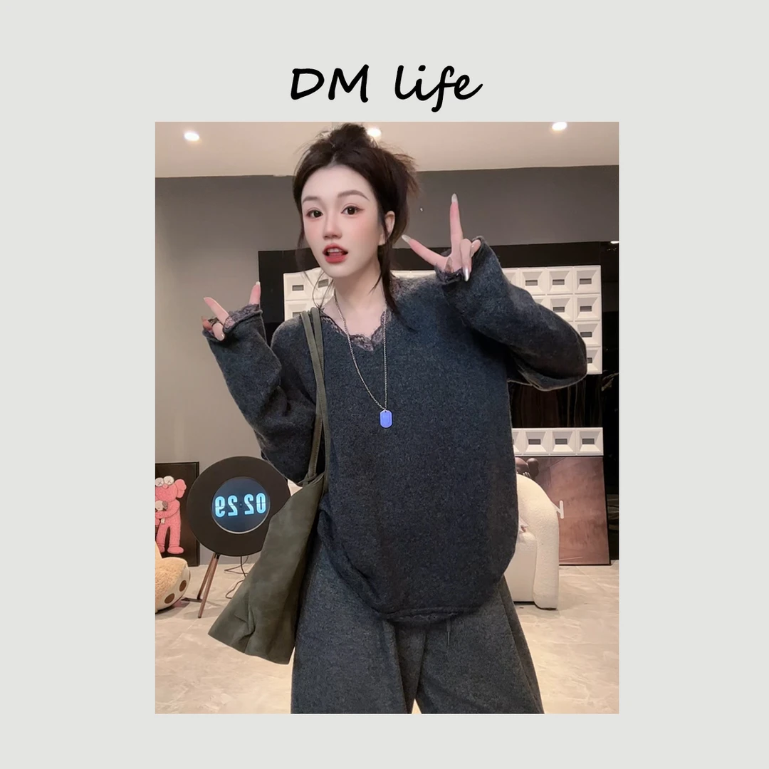 DMlife 毛衣女拼接蕾丝边宽松春季设计感慵懒针织衫独特上衣