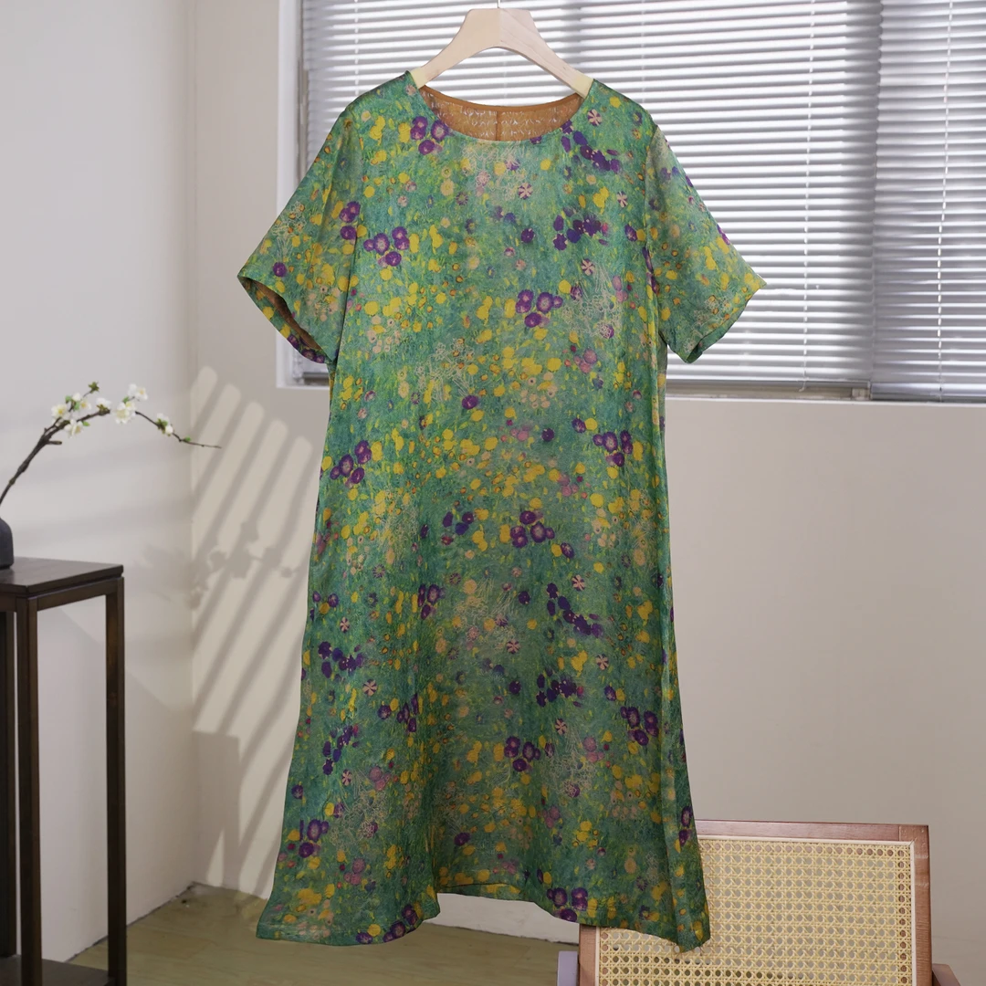 新款桑蚕丝花螺连衣裙时尚宽松气质花色长裙舒适印花轻奢LW  1231