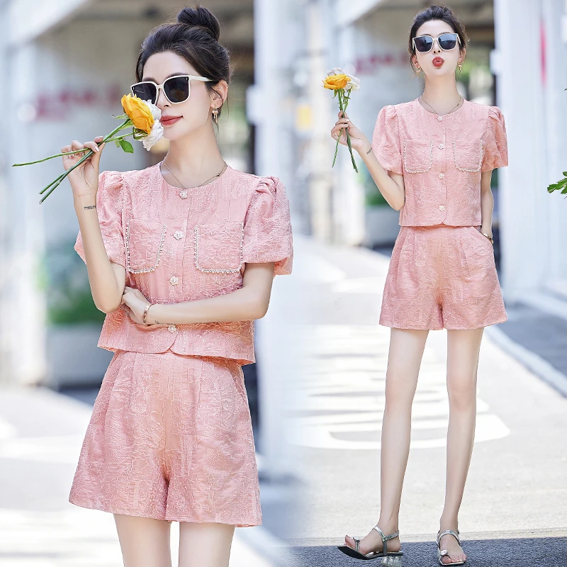 小香风时髦钉珠绣花短裤套装女2025夏季新款欧洲站可盐可甜两件套