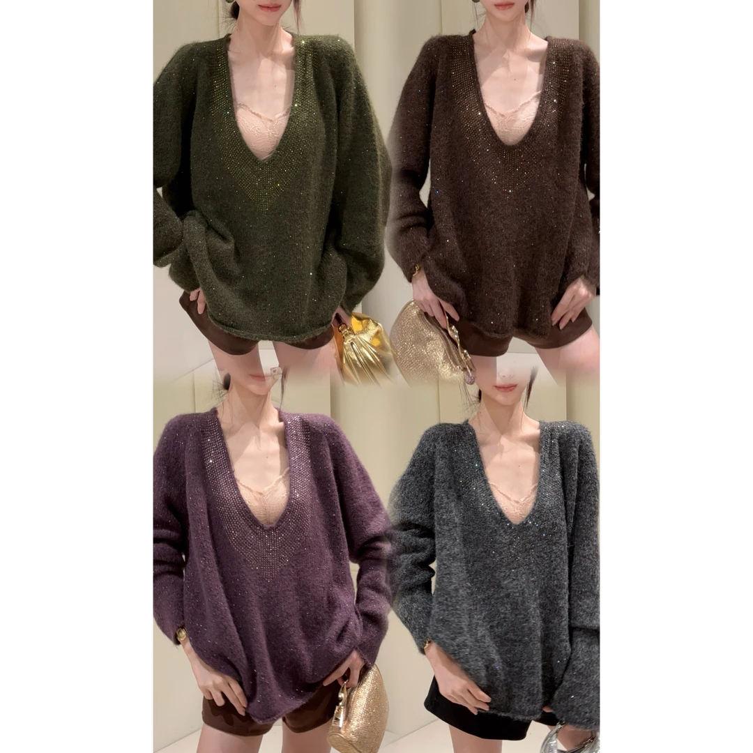 露思天鹅颈｜爆美神级显瘦 慵懒优雅美人针织亮片烫钻毛衣