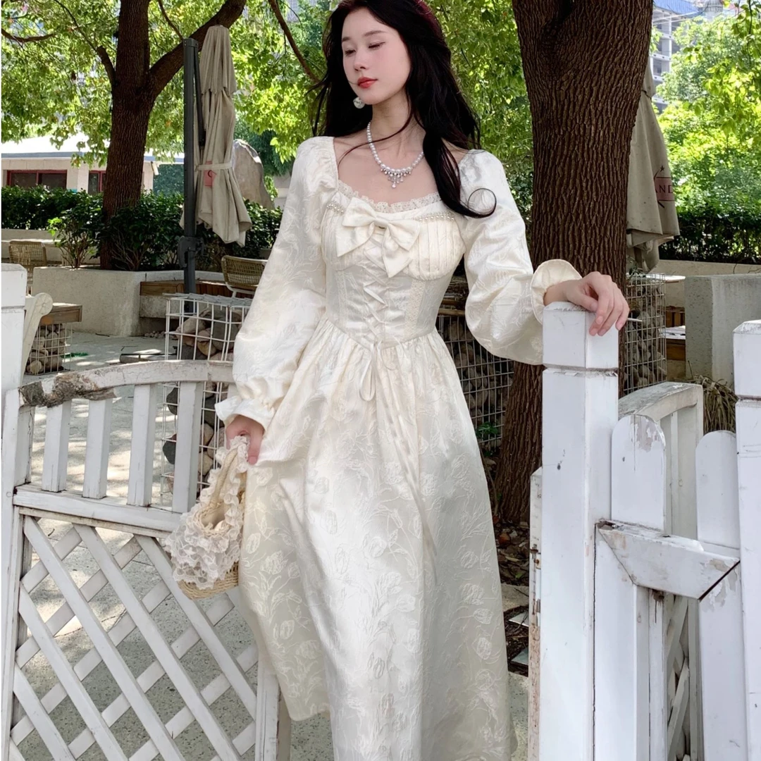 Blovelan月光舒曼 法式气质提花重工长裙甜美蝴蝶结收腰连衣裙