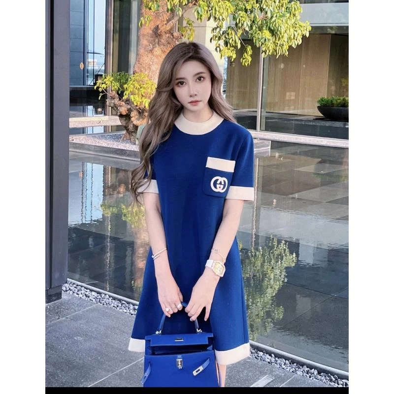 95新 GUCCI/古驰 ff053  羊毛 双G logo拼色连衣裙 M码