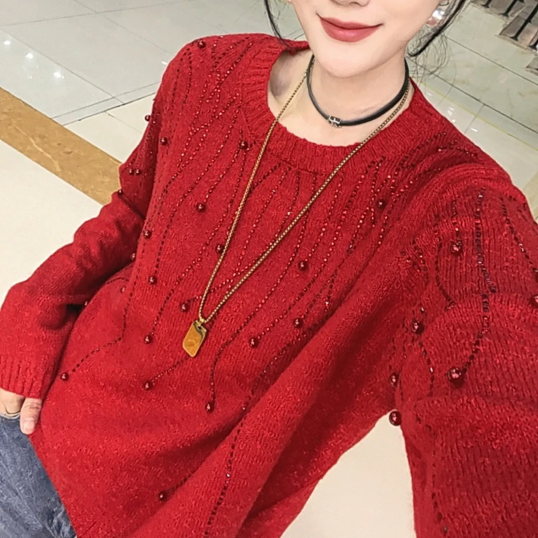 毛针织衫圆领气质秋冬网红烫钻女冬季优雅钉珠针织
