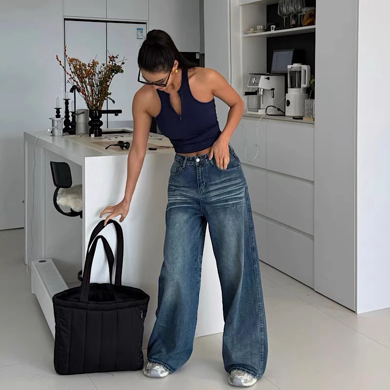 AKIYO STUDIO复古水洗阔腿直筒牛仔裤女夏高街潮牌宽松拖地长裤子