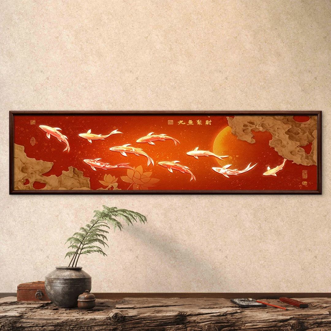 9094-40*150九鱼聚财中式装饰画实木框玄关书房茶室客厅挂画