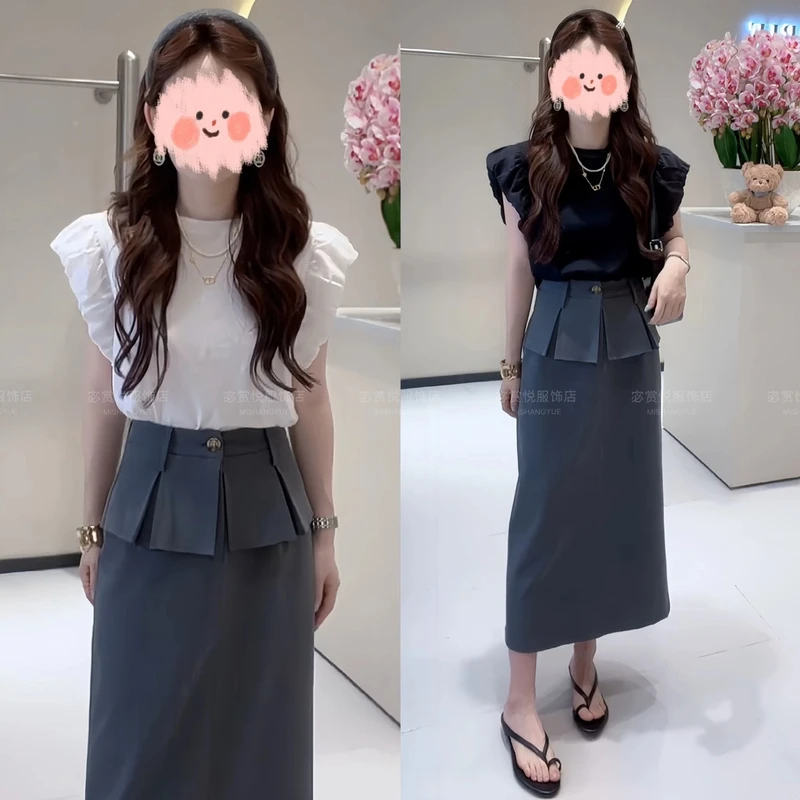 2025夏季新款泡泡袖韩版减龄上衣+西装半身裙两件套显瘦气质网红