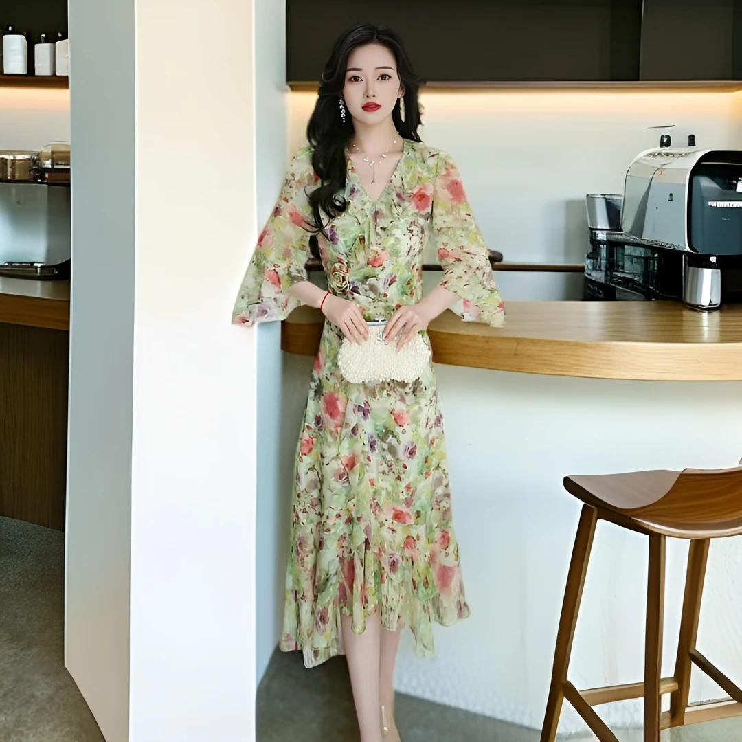 【千羽定制】法式碎花连衣裙2025年夏季复古减龄显瘦不规则鱼尾裙子