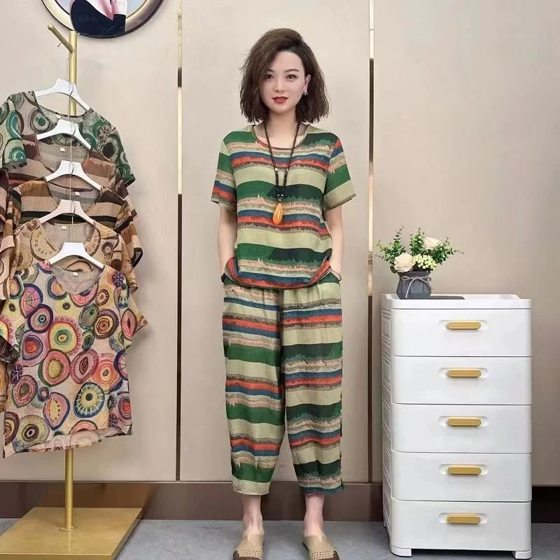 10470-夏季时尚中年妈妈装洋气宽松遮肉显瘦短袖套装【C17-1-1】