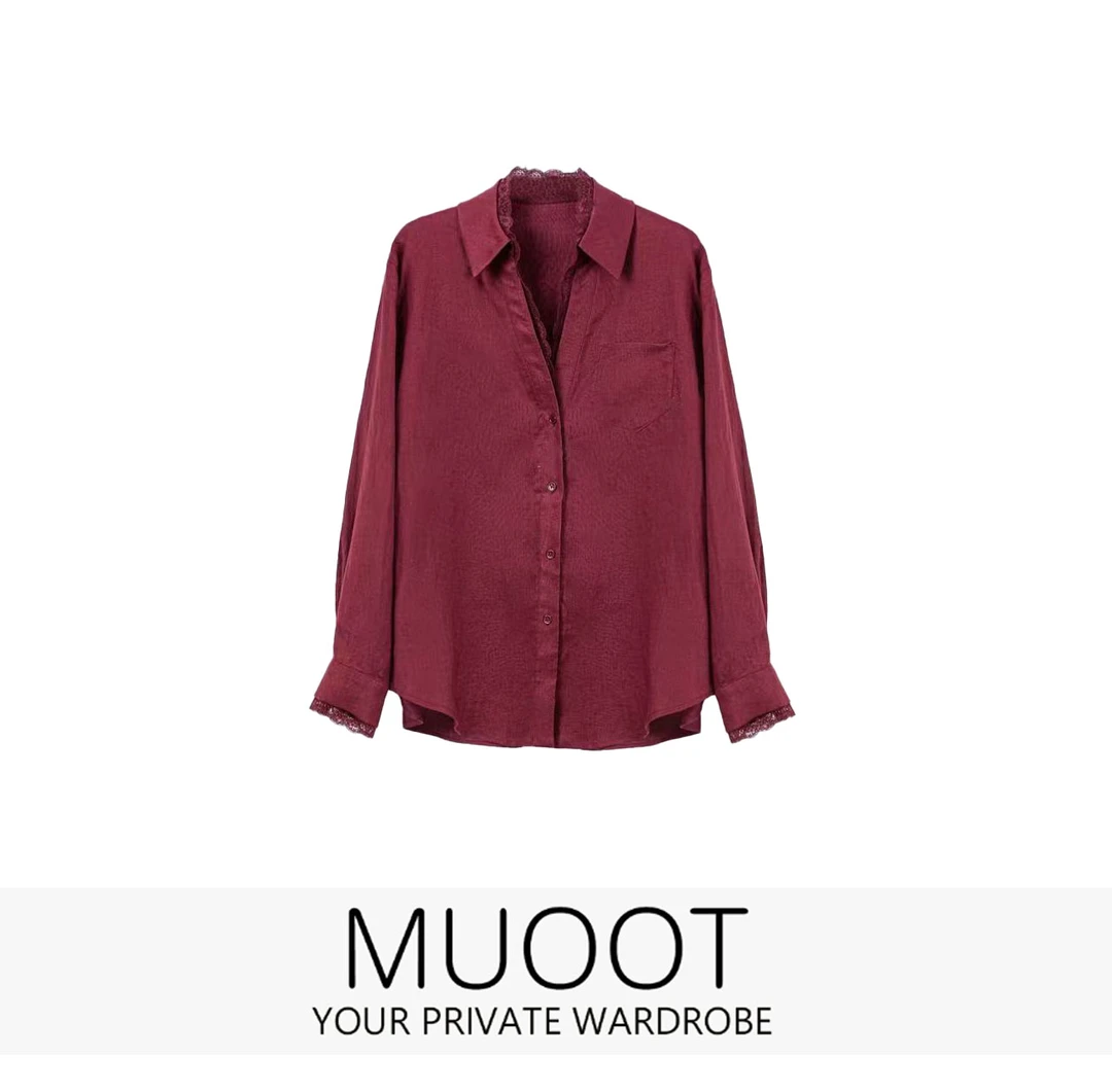 【MUOOT】 春季轻奢酒红蕾丝边休闲衬衫 KX2502021