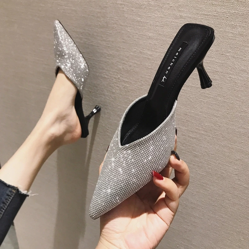 816#包头凉拖鞋女轻奢春夏季尖头细跟半拖鞋外穿水钻尖头高跟凉拖