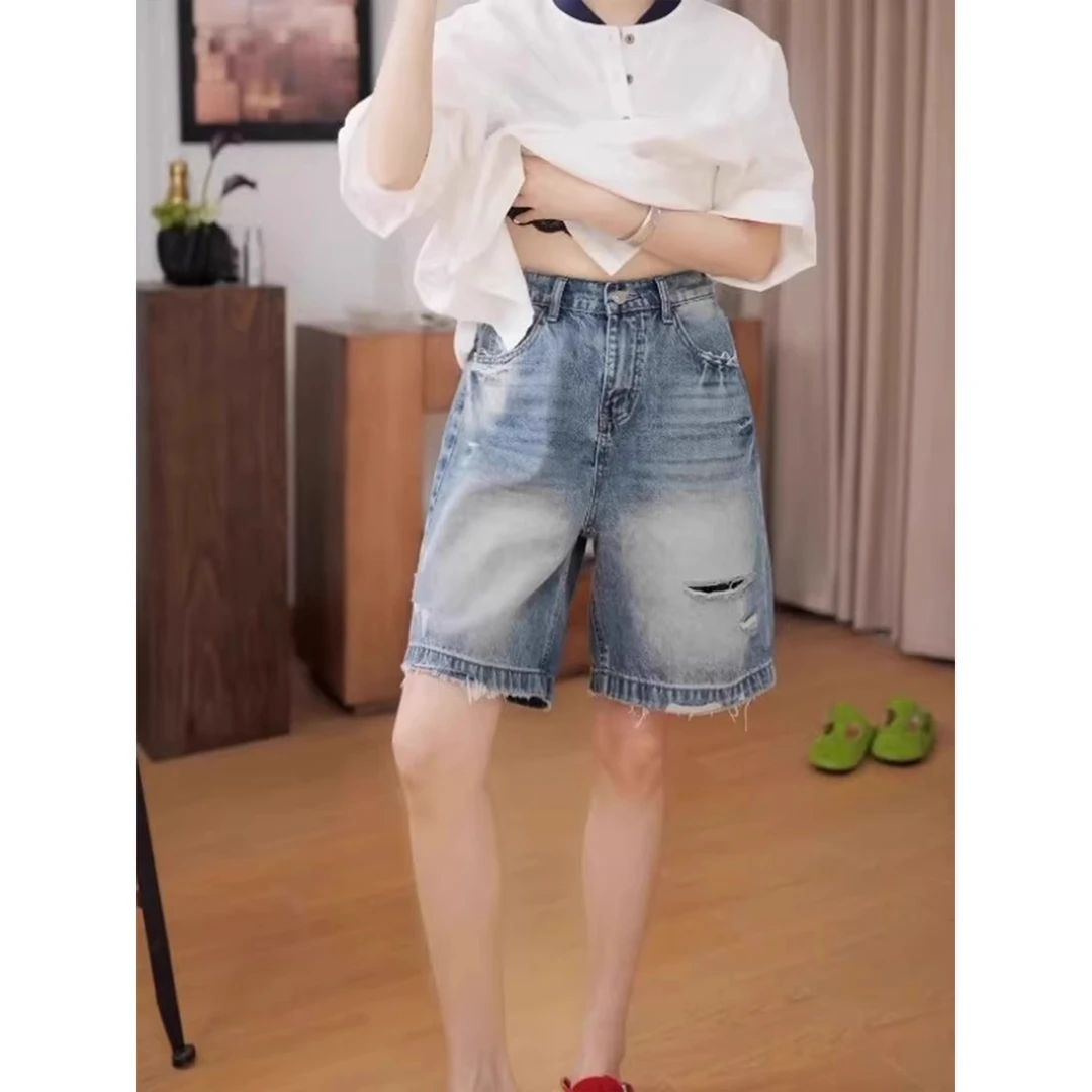 爆款新款破洞牛仔阔腿短裤女夏季薄款高腰宽松显瘦百搭直筒五分裤