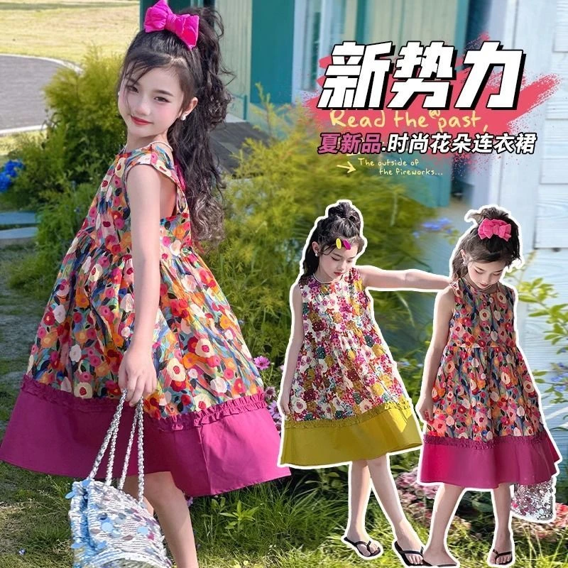 棉田园风女碎花夏季休闲风连衣裙时尚女童大童网宝童装