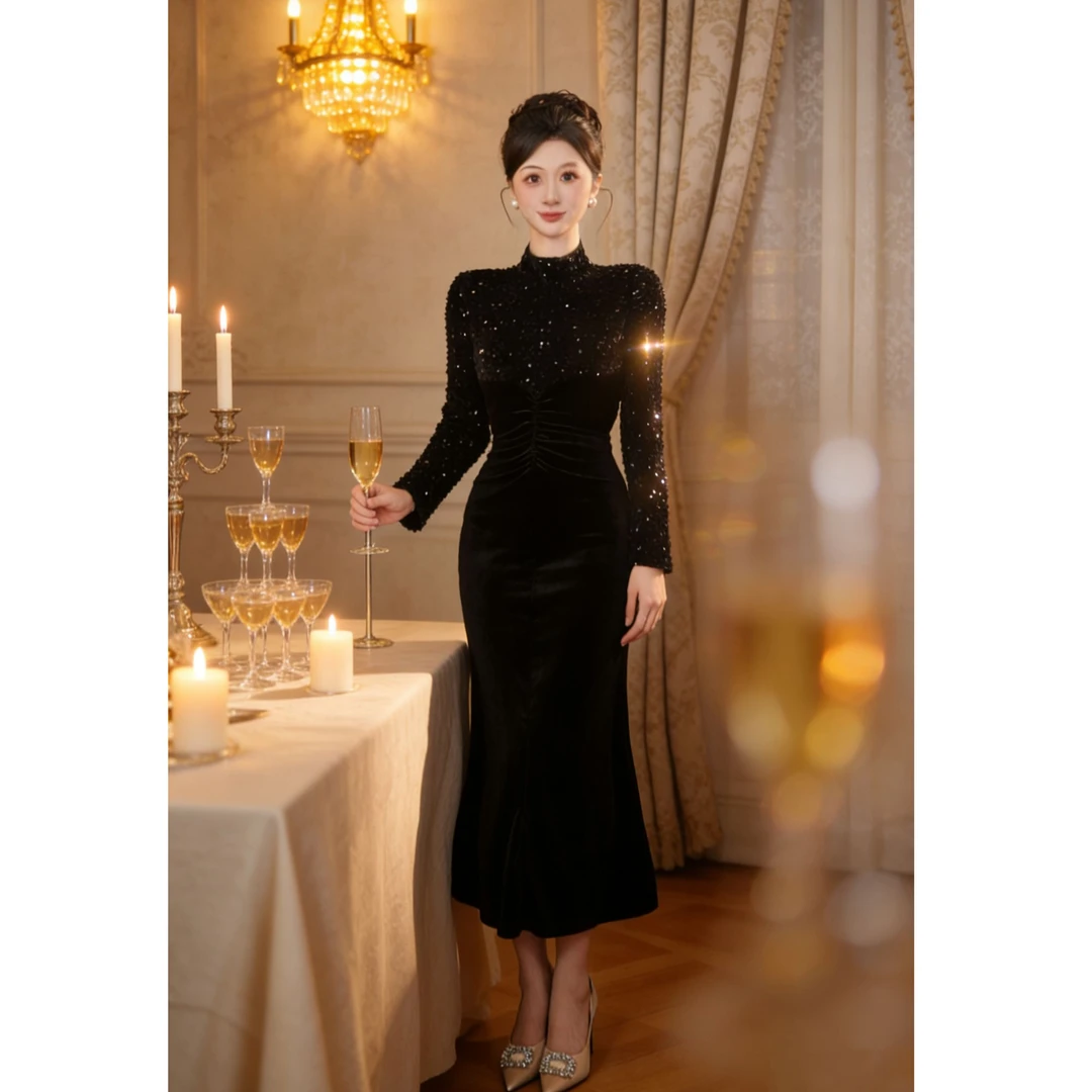 【张小小】【加绒加厚】秋冬轻奢高级晚礼服气质名媛高腰包臀裙HY0263