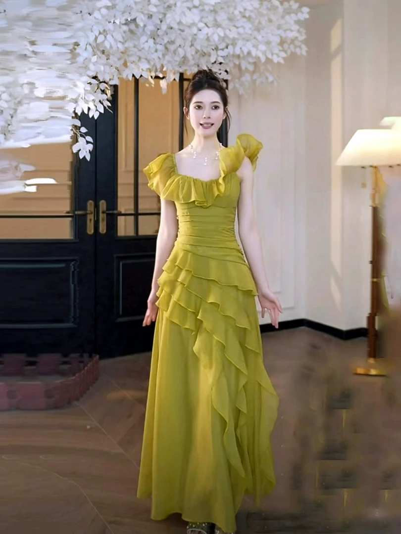 方领收腰气质高级感今年流行连衣裙2025夏季新款长裙爆款裙子女装