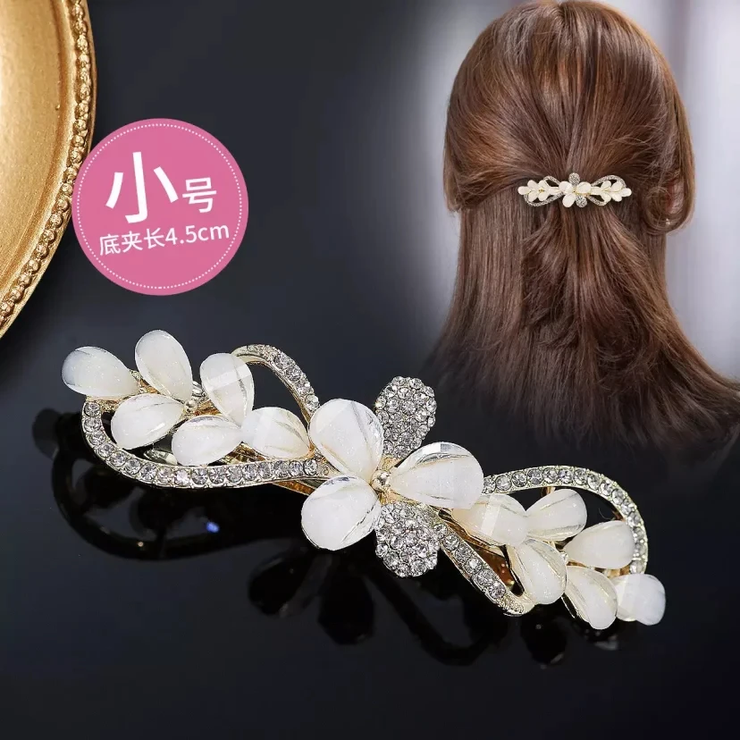 气质优雅立体花朵小号弹簧夹发量少后脑勺发卡半扎发一字横夹发饰
