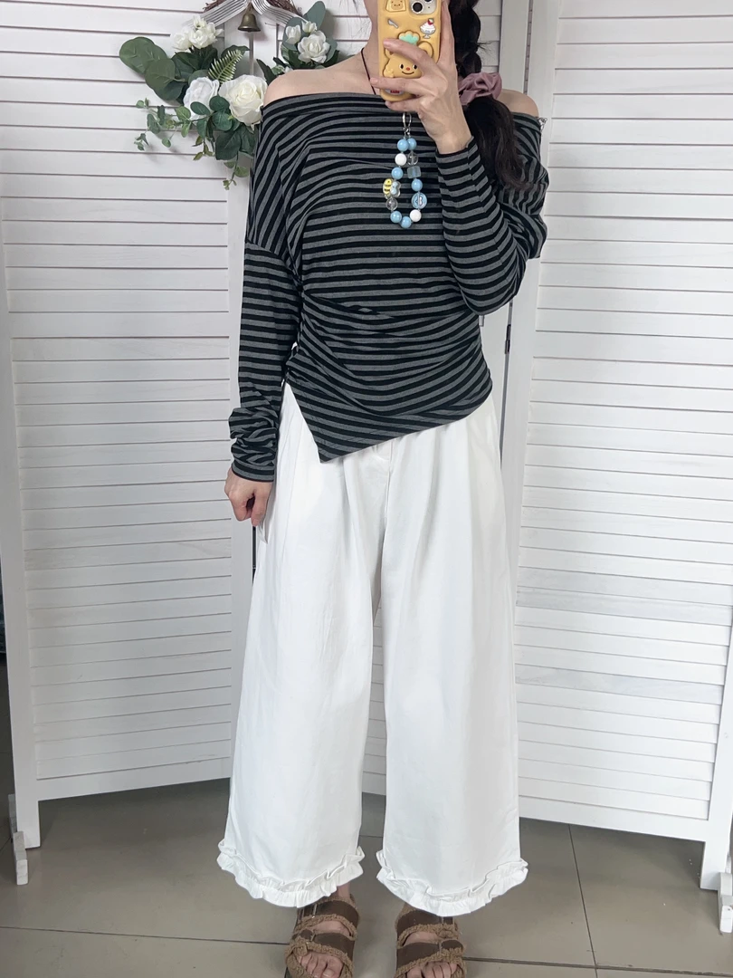 花边裤直筒韩系休闲白裤子九分裤