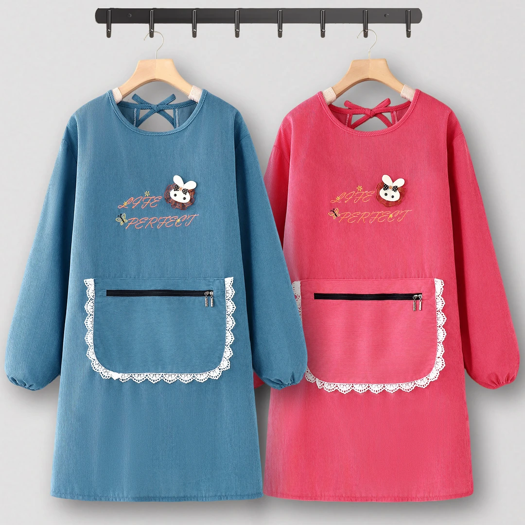 工厂车间围裙厨房家用做饭工作服长袖灯芯绒大人罩衣女新款年轻款