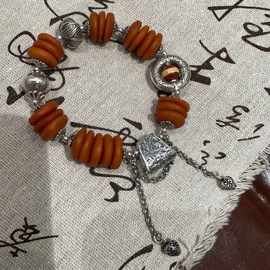 S11170<非晚>s925银蜜蜡叶子糖果珠牙牙梯形锁鱼纹环花苞弹力手串