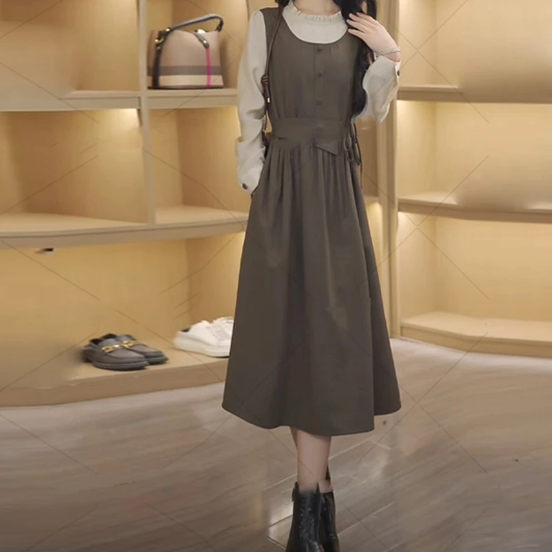 基础连衣裙秋季款收腰显瘦假两件拼接显瘦气质百搭通勤洋气连衣裙