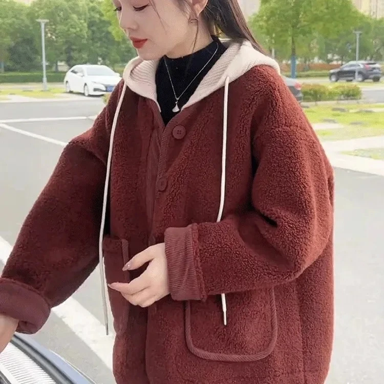 加厚连帽外套2025新款秋冬宽松显瘦百搭上衣女外套爆款毛毛外套女