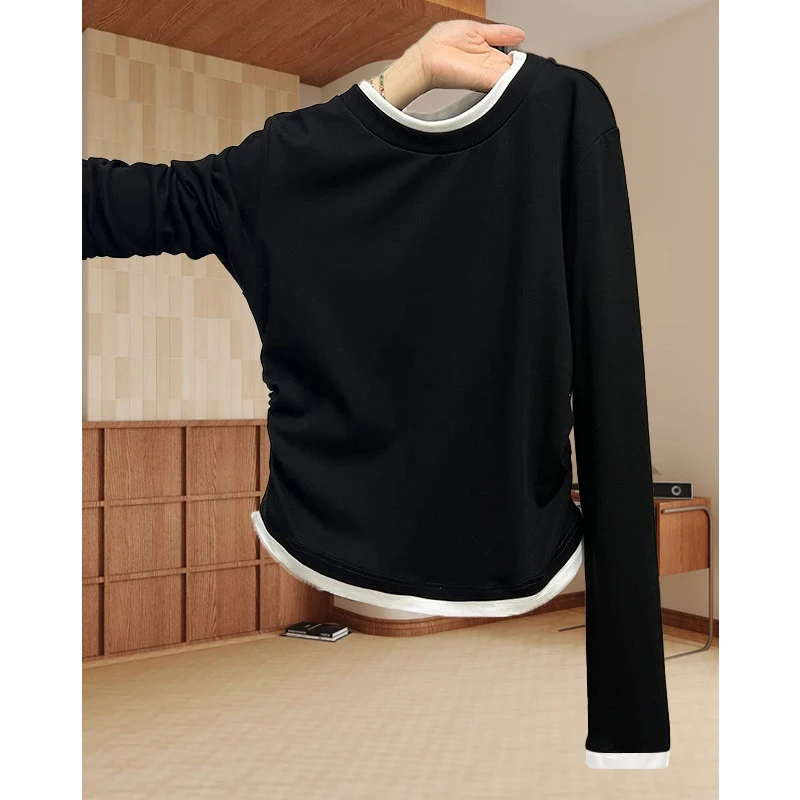 大码气质小众正肩撞色假两件上衣女春季百搭收腰遮肚长袖t恤衫ins