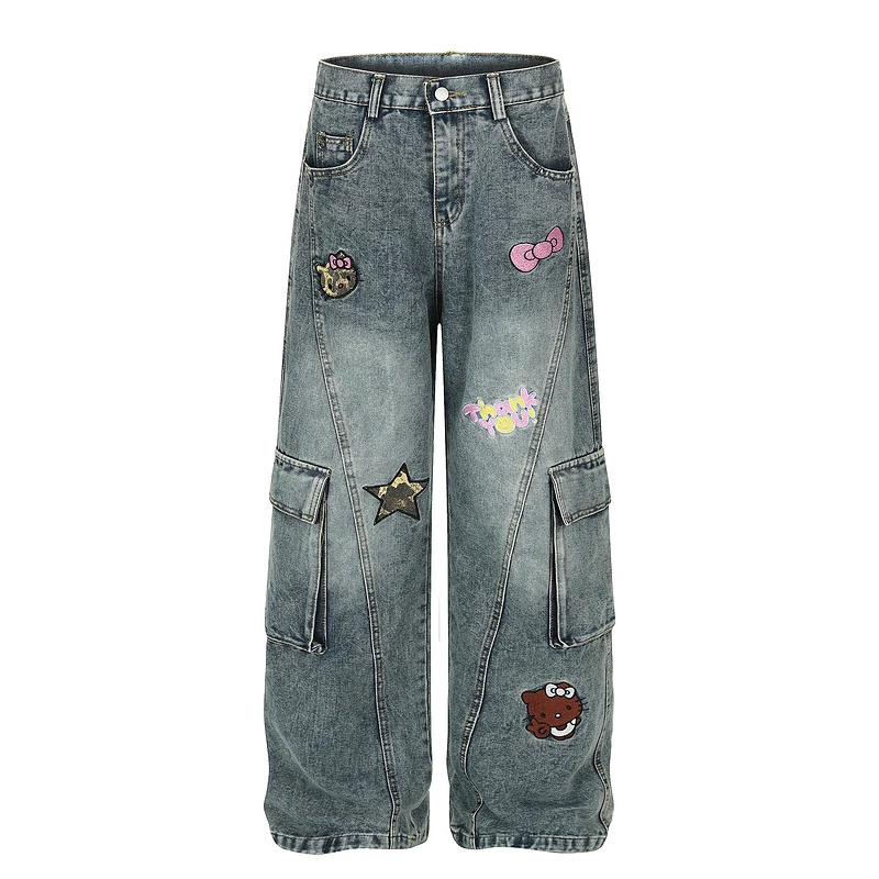 美式复古街头甜酷女孩卡通刺绣拼接口袋宽松休闲工装牛仔裤水洗秋