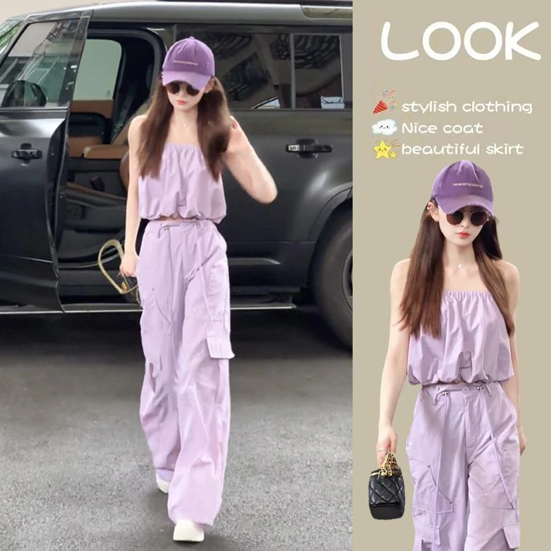 纯欲辣妹风休闲套装女短款蓬蓬吊带上衣阔腿工装裤两件套夏季女装