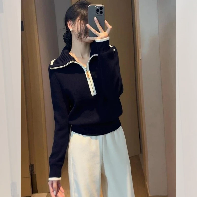 设计感撞色半拉链针织衫慵懒百搭长袖毛衣2025冬季减龄时髦打底衫