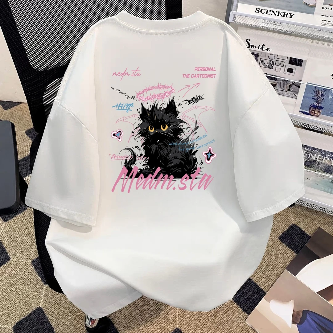 STA.MEDM系列美式高街趣味猫咪短袖T恤男生夏季情侣宽松休闲衫