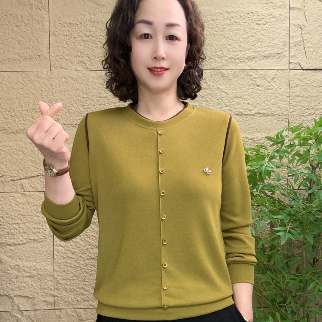 2025春季长袖新款妈妈装女装圆领女小衫时尚减龄遮肉显瘦休闲百搭