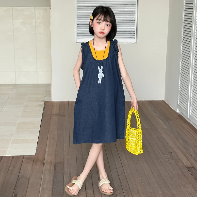 女童夏季连衣裙2025新款中大童潮酷牛仔背心假两件儿童休闲连衣裙