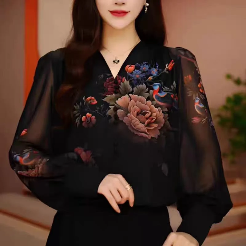 10686-春秋新款印花气质T恤长袖洋气百搭上衣女遮肉打底小衫【A仓】