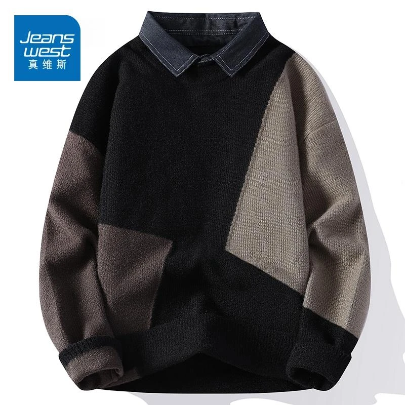 真维斯秋冬款打底衬衫领假两件套头保暖毛衣男带领针织衫外套男款
