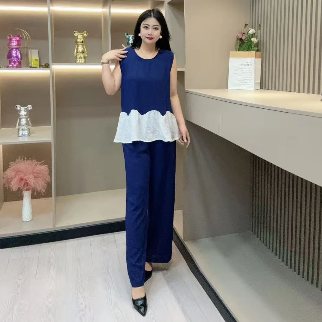 夏季套装-娃 9373时尚休闲清凉透气款拼接洋气胖MM大码女装新款