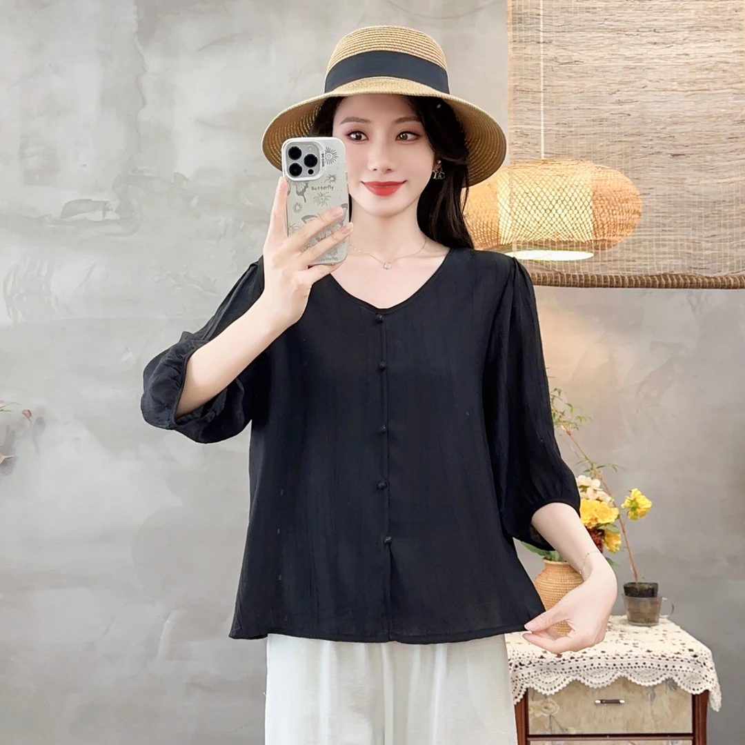 2025春夏款复古文艺时尚简约纯色中袖宽松显瘦衬衫上衣女减龄t恤