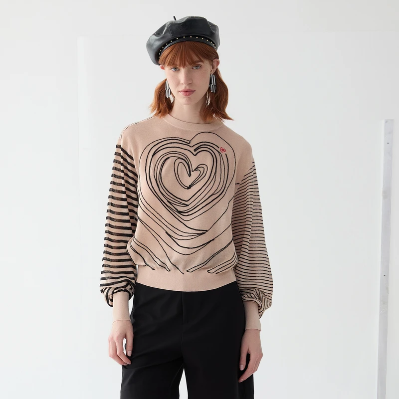 谜底套头毛衣女2025春新品复古风艺术感图案圆领针织衫251MZ0320