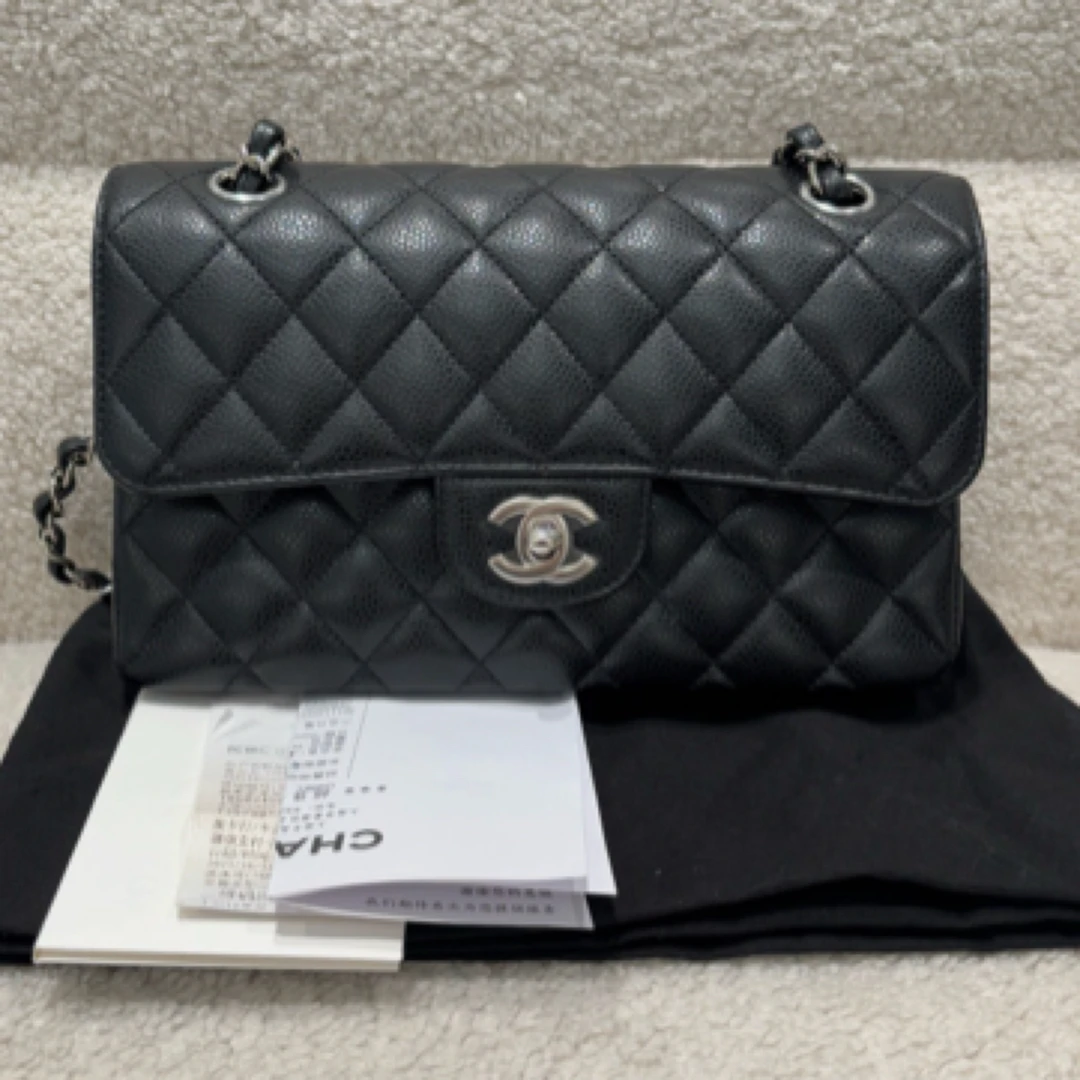 99新 Chanel/香奈儿 N0128芯片款cf小号黑银荔枝皮口盖包