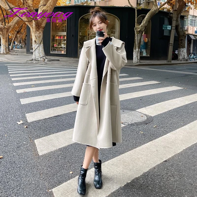 紫雨琪杏色双面羊绒呢大衣女中长款2025秋冬新款时尚宽松大翻领毛