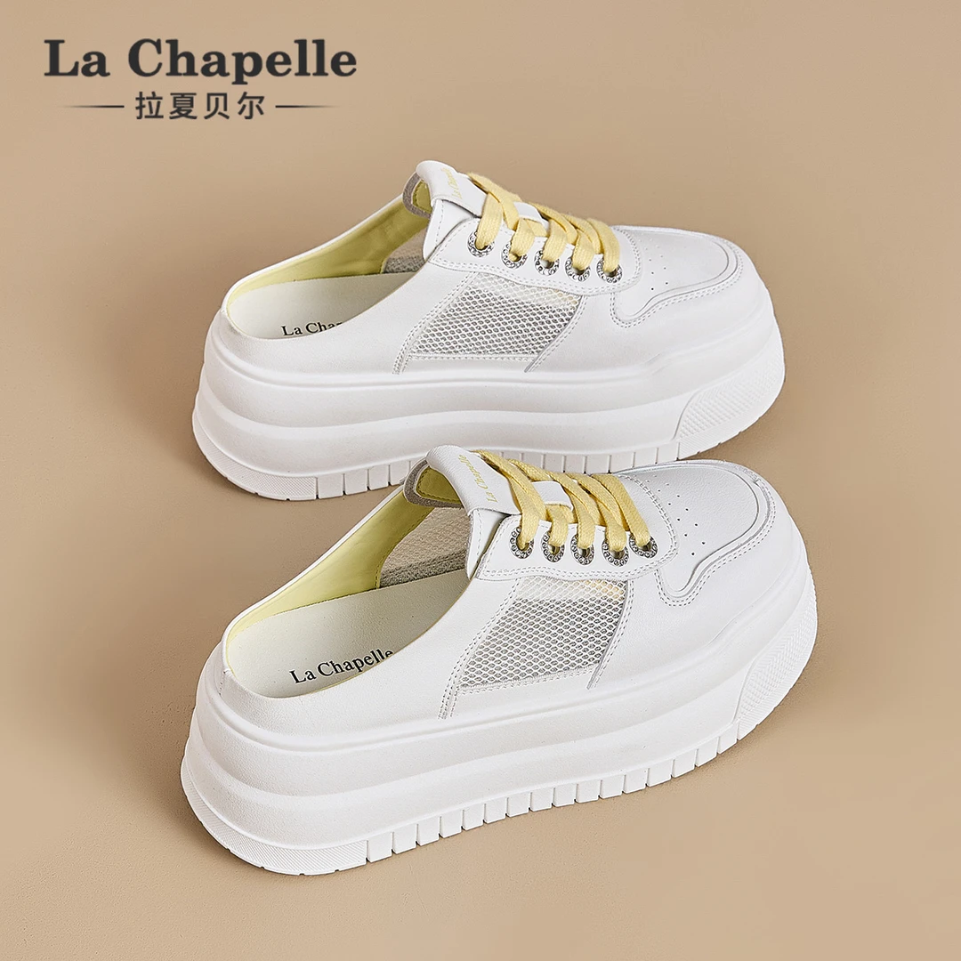 拉夏贝尔网面包头半拖鞋女2025新款冬季外穿单鞋无后跟厚底小白鞋