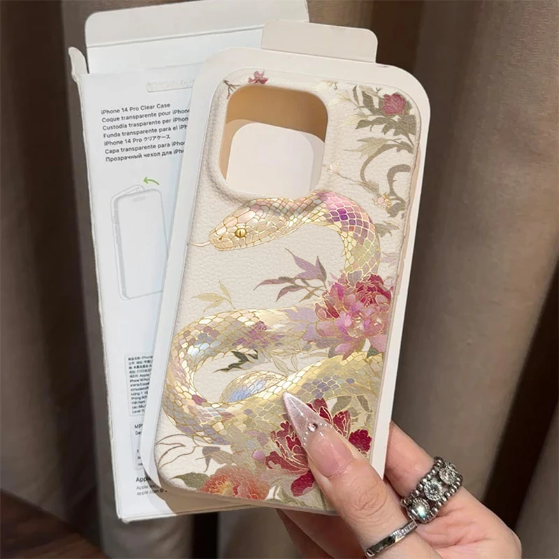 新年牡丹银蛇适用苹果16pro手机壳iPhone15新款14皮纹13新款12