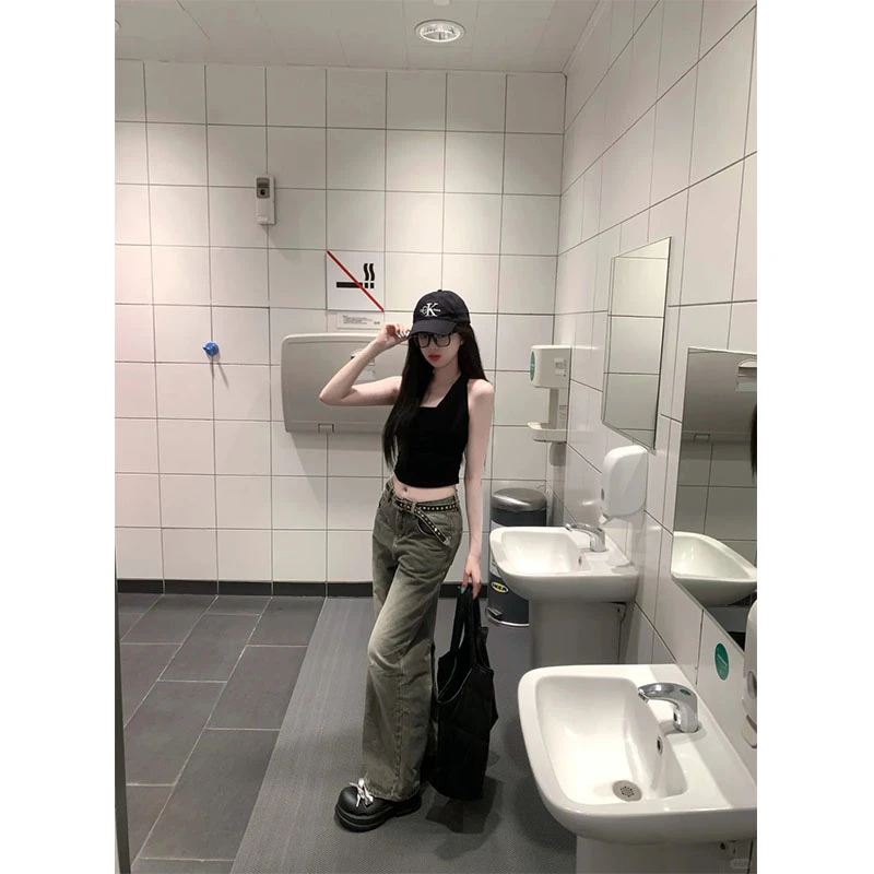 美式复古辣妹修身露背设计感无袖背心上衣高腰做旧显瘦休闲牛仔裤