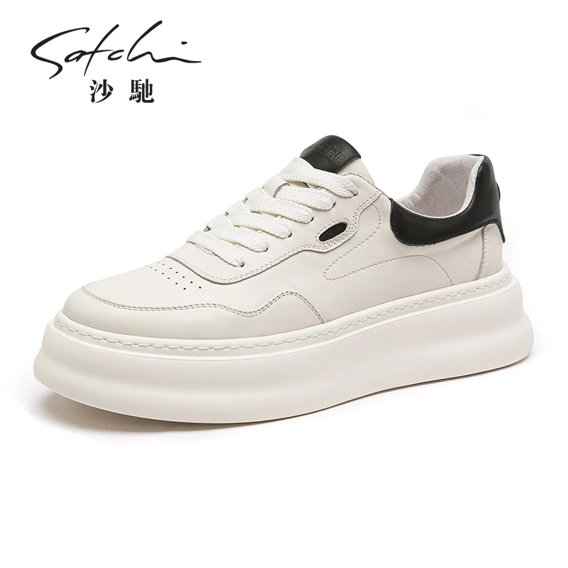 沙驰男鞋2025秋季新款小白鞋牛皮休闲皮鞋厚底百搭轻便简约板鞋男
