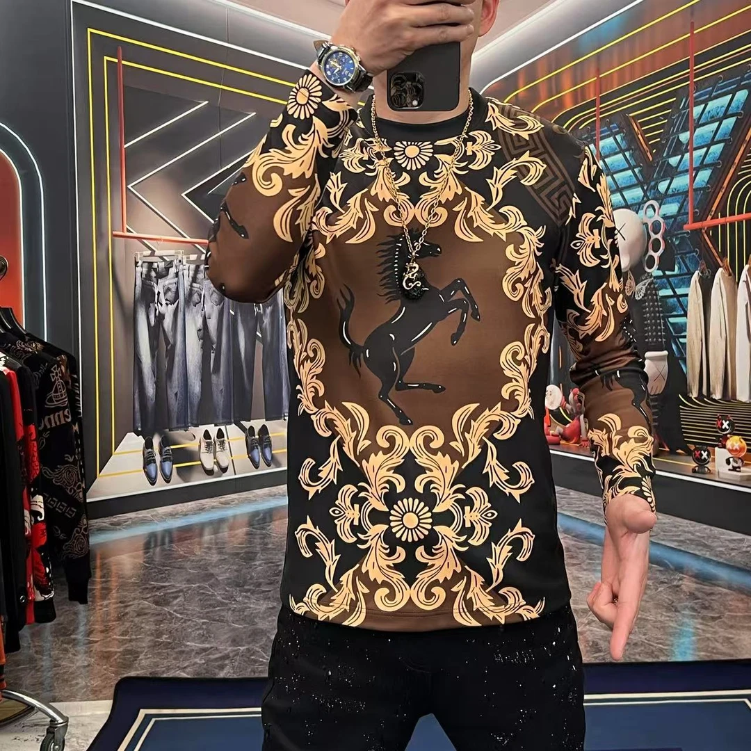 高档男士卫衣2024新款潮流帅气百搭战马立体帅气圆领德绒卫衣1015