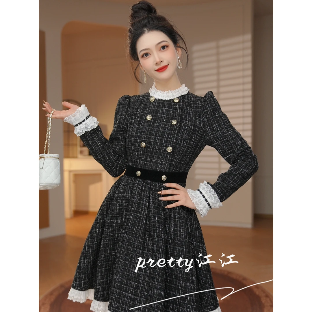 Pretty小众设计师品牌江江定制 气质赫本风复古格纹连衣裙41146