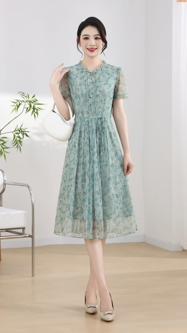 B066夏季圆领收腰显瘦连衣裙国风洋气中长款碎花气质